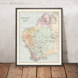 Old Map of Western Australia & the Outback by Edward Stanford, 1904: Perth, Railroads, Explorers' Routes, Great Victoria Desert