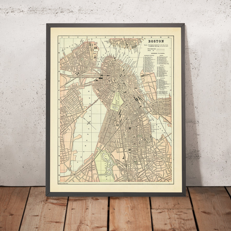 Mappa antica di Boston di Fisk & Co., 1893: The Common, Giardino Pubblico, The Fens, Fiume Charles, Franklin Park 
