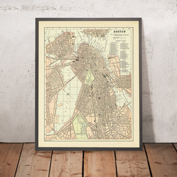 Ancienne carte de Boston par Fisk & Co., 1893 : les terrains publics, le jardin public, les Fens, la rivière Charles, le parc Franklin