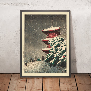 Una imagen enmarcada del templo Yasugi Kiyomizu en Izumo, de Hasui Kawase, 1935