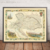 Antiguo mapa de Austria de Tallis, 1851: Viena, Alpes, río Danubio, Salzburgo, Praga 
