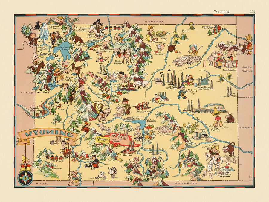 Mappa pittorica del Wyoming di Ruth Taylor White, 1935: Yellowstone, Grand Teton, Continental Divide, Wind River Range, Monti Bighorn 