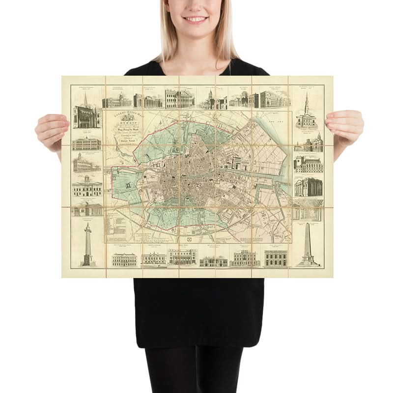 Mapa antiguo de Dublín de Cooke, 1836: Catedral de San Patricio, Trinity College, O'Connell Street, Merrion Square, río Liffey