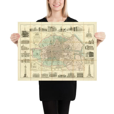 Mapa antiguo de Dublín de Cooke, 1836: Catedral de San Patricio, Trinity College, O'Connell Street, Merrion Square, río Liffey