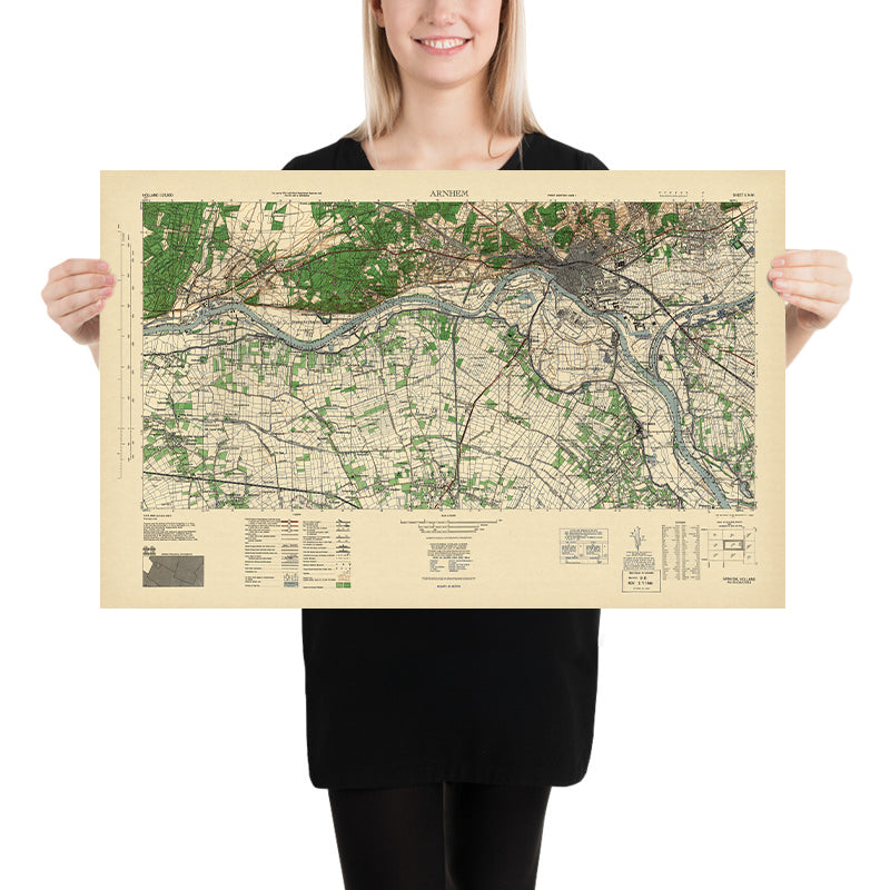 Antigua mapa del ejército de EE. UU. de Arnhem, Operación Market Garden, 1943: río Rin, puentes, polders, ferrocarriles 