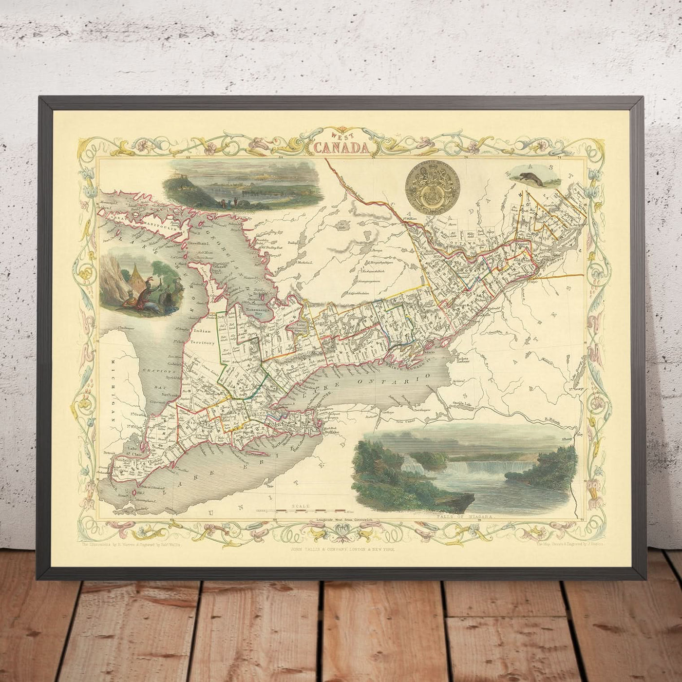 Old Map of 'West Canada' by Tallis, 1851: Toronto, Niagara Falls, Lake Erie, Kingston, Vignettes