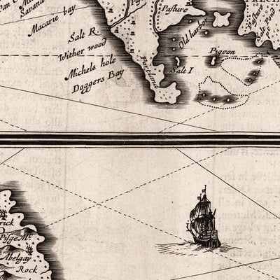 Mapa antiguo de Jamaica y Barbados realizado por Speed, 1676: Port Royal, Bridgetown, montañas, barcos, cartuchos