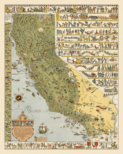 Alte Bildkarte von Kalifornien von Mora, 1927: LA, SF, Yosemite, Sierra Nevada, Goldrausch