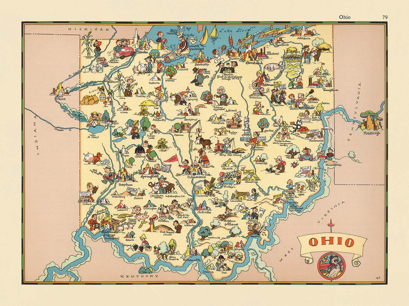 Pictorial Map of Ohio by Ruth Taylor White, 1935: Columbus, Cleveland, Cincinnati, Industry, Railroads