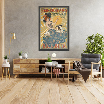 A framed image of Feigenspan’s Vintage Bock Beer Poster, 1895