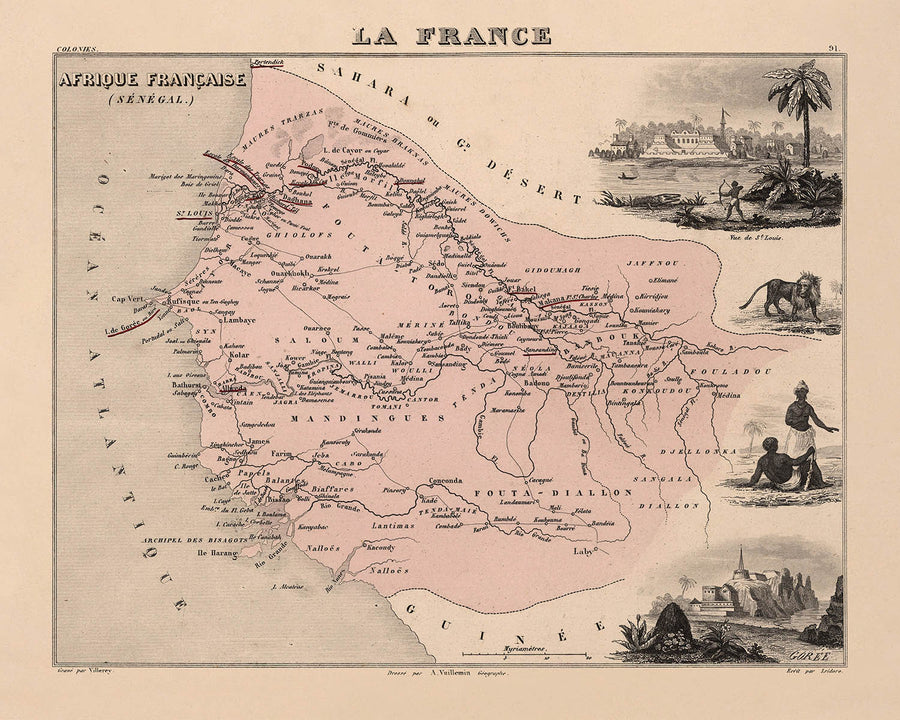 Mappa Antica del Senegal (Africa Francese) di Vuillemin, 1869: Dakar, Saint-Louis, Fiumi Senegal e Gambia, Coloniale 