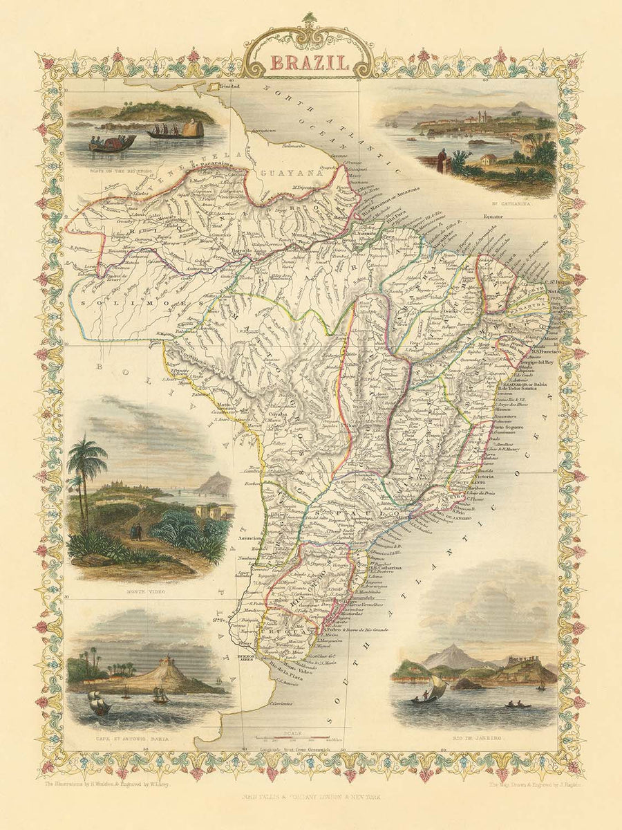 Ancienne carte du Brésil par Tallis, 1851 : fleuve Amazone, Rio de Janeiro, São Paulo, Salvador, côte atlantique 