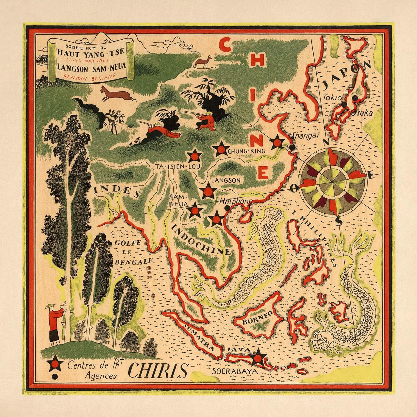 Alte Bildkarte von China von Mazuyer, 1931: Shanghai, Drachen, Kompassrose, Golf von Bengalen, Indochina