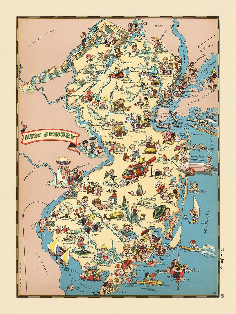 Mappa pittorica del New Jersey di Ruth Taylor White, 1935: Newark, Jersey Shore, Pine Barrens, Oceano Atlantico, Fiume Delaware 