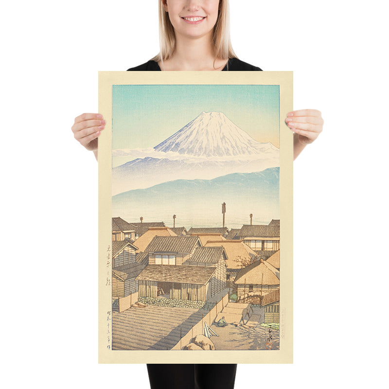 Morgen in Motoyoshiwara mit dem Fuji von Hasui Kawase 1935 