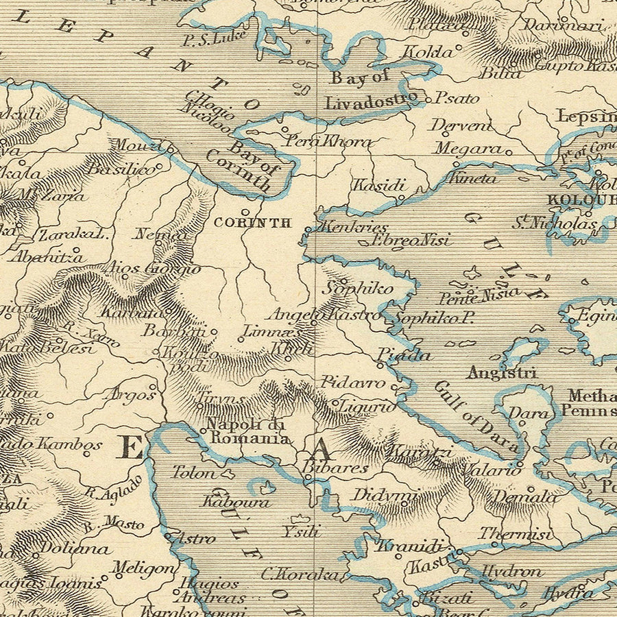 Vecchia mappa della Grecia e delle Isole Ioniche di Tallis, 1851: Atene, Monte Olimpo, Tempio di Giove, Egeo 