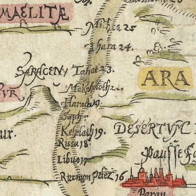 Ancienne carte thématique de l'Exode par Bunting, 1592 : Jérusalem, la mer Rouge, le Sinaï, Gosen, Madian