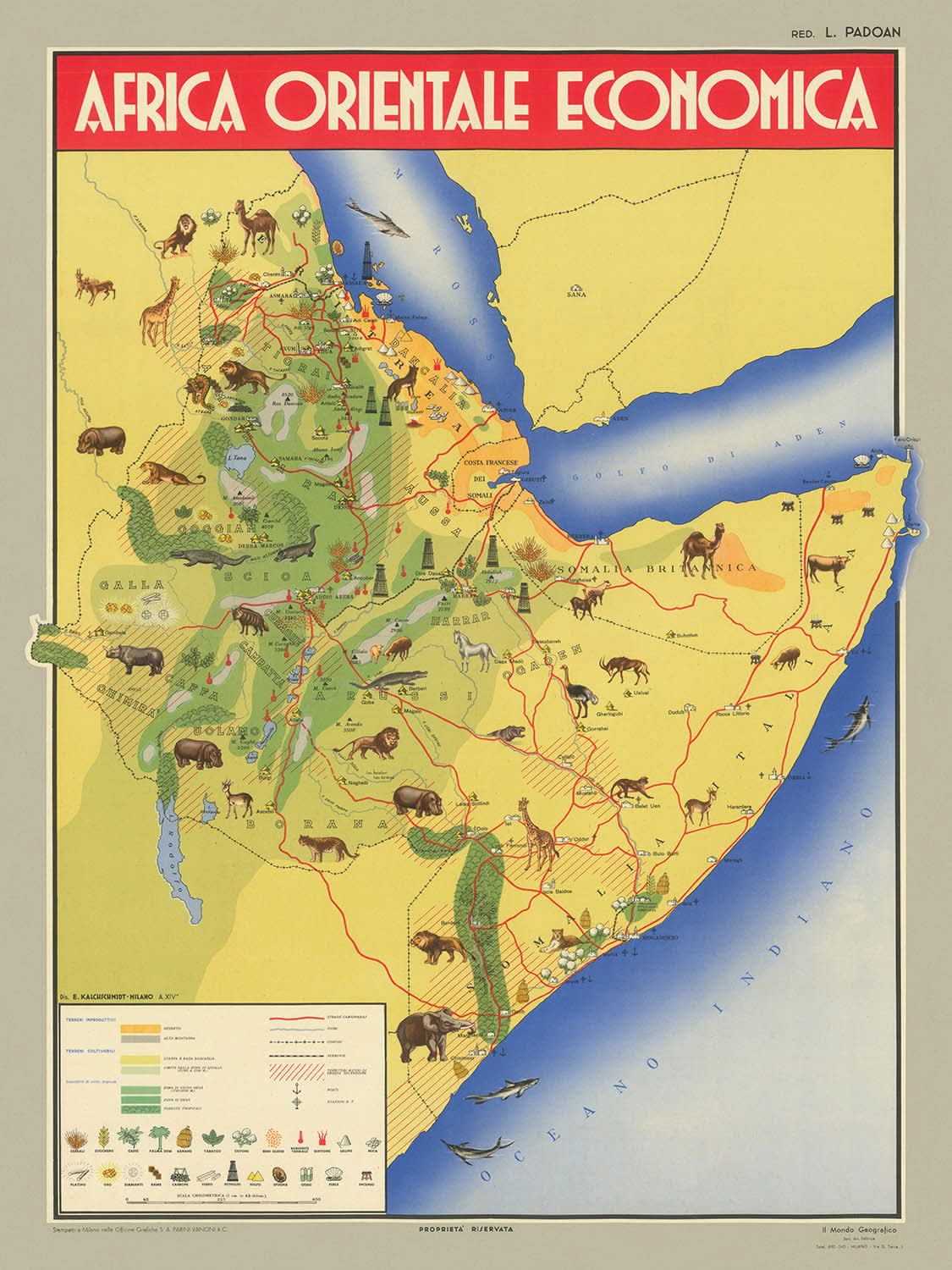 Alte Bildkarte von Äthiopien und Somalia von Kalchschmidt, 1936: Addis Abeba, Mogadischu, Golf von Aden, Indischer Ozean, Tierillustrationen.