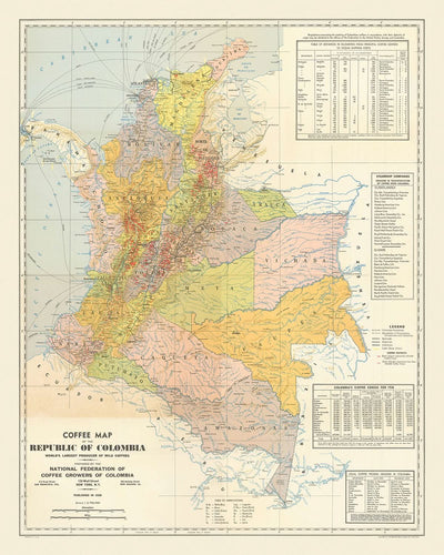 Alte Karte von Kolumbien, 1939: Kaffeeregionen, Anden, Bogotá, Medellín, Eisenbahnen