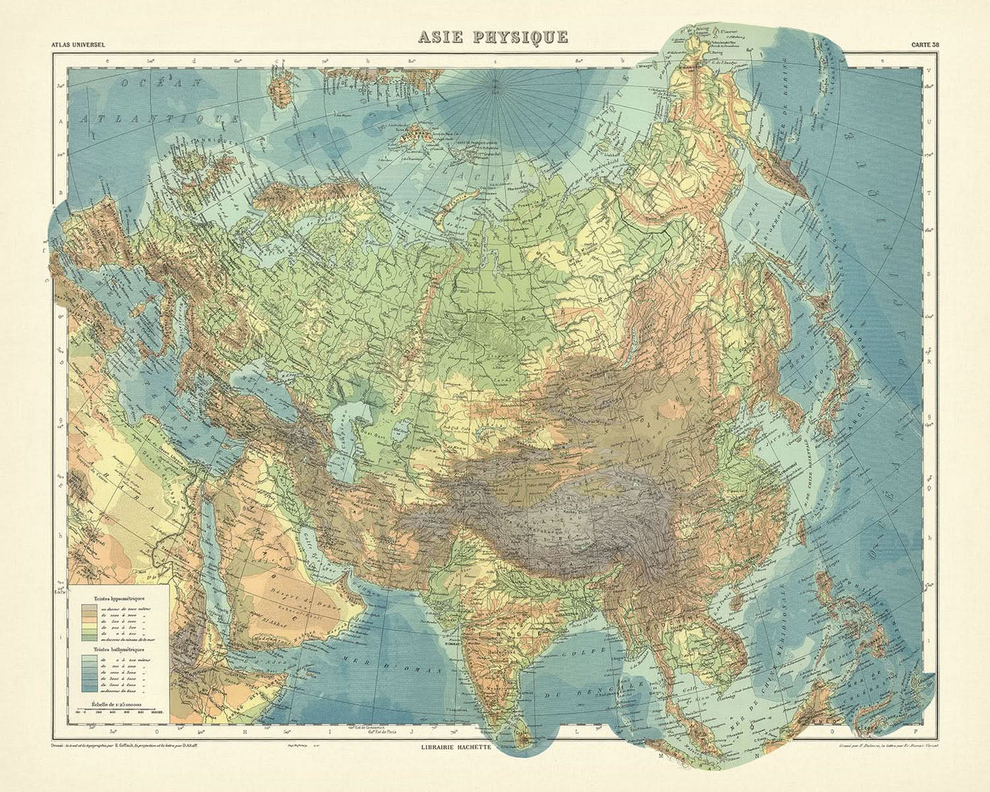 Alte Asienkarte von Schrader, 1931: Lebendiges Relief, Pariser Meridian, historischer Einblick