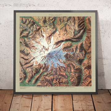 Ancienne carte en relief du parc national du mont Rainier, Washington, 1914 : Paradise, Sunrise, Camp Muir, Carbon Glacier, Longmire 