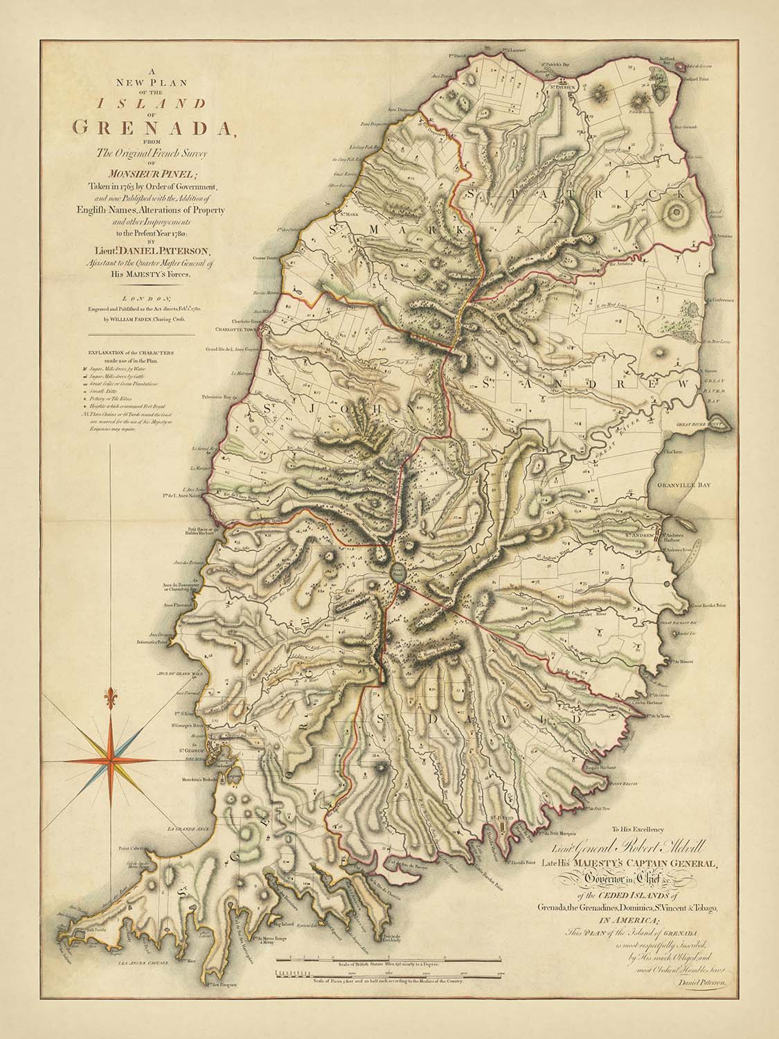 Rare Map of Grenada by Paterson, 1780: St. George's, Estates, Rivers, Bedford Point, Plantations