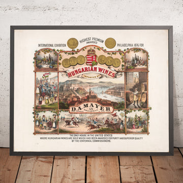 A framed image of D.A. Mayer Hungarian Wines Vintage Wine Poster, 1877