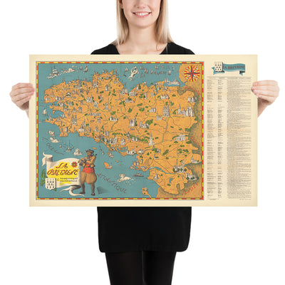 Old Map of Brittany by Flornoy Jean, 1950: Nantes, Rennes, Brest, Castles, Coastline, Megaliths