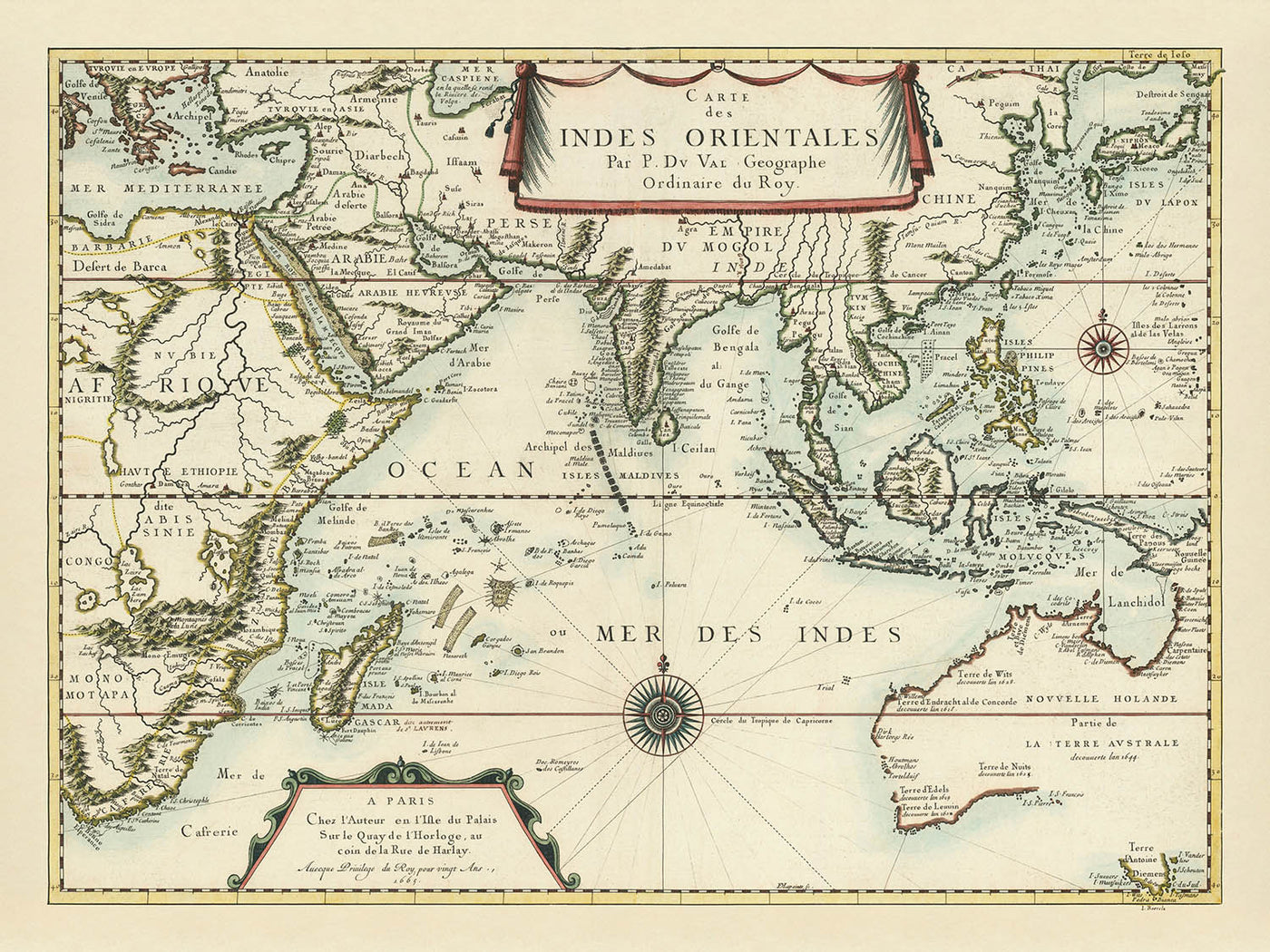 Old Map of the Indian Ocean by Du Val, 1665: East Indies, Dutch Voyages, Early Australia
