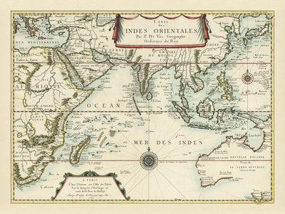 Old Map of the Indian Ocean by Du Val, 1665: East Indies, Dutch Voyages, Early Australia
