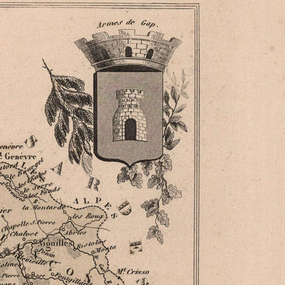 Old Map of Hautes-Alpes by Vuillemin, 1869: Gap, Briançon, Embrun, Alpine Peaks, Coats-of-Arms