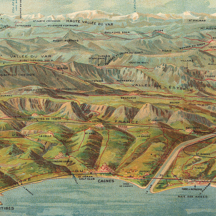 Vecchia mappa Birdseye della Costa Azzurra di Legresle, 1925: Nizza, Cannes, Monaco, Antibes, Tolone 