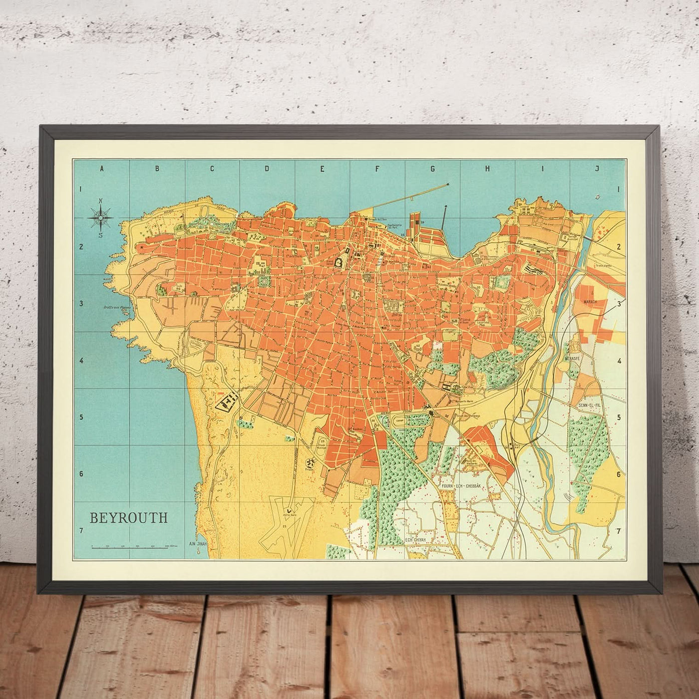 Plano de la ciudad antigua de Beirut, 1949: Hotel Normandy, Hipódromo, Bosque de pinos, Puerto de Beirut, Líneas de ferrocarril