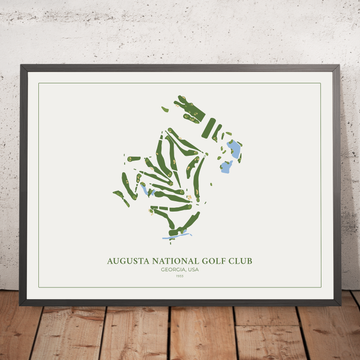 A framed image of Augusta National Golf Club in the style of a simple and modern golf course map
