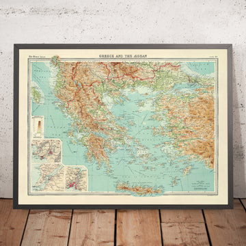 Old Topographic Map of Greece & the Aegean Sea by Bartholomew, 1922: Athens, Thessaloniki, Crete, Dardanelles, Bosporus