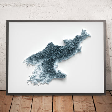 Ein gerahmtes Bild einer topografischen Reliefkarte im 3D-Stil von Nordkorea