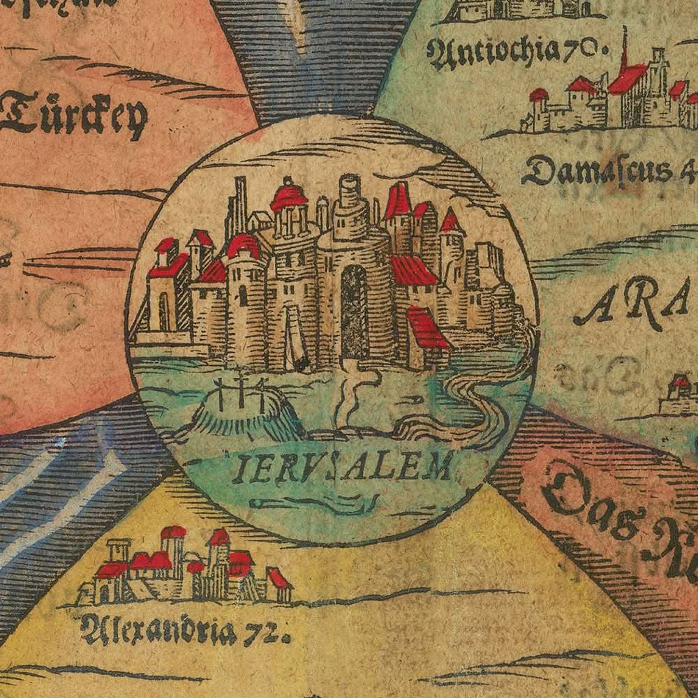 Carte du monde antique du trèfle par Bunting, 1582 : centre de Jérusalem, motif en trèfle, éléments fantastiques