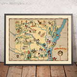 Mapa pictórico de Arkansas de Ruth Taylor White, 1935: Little Rock, Hot Springs, agricultura, río Misisipi, madera 