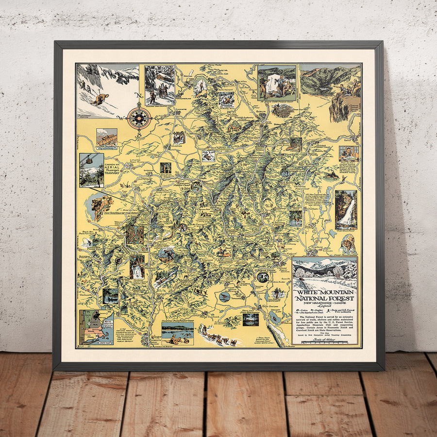 Antica mappa pittorica del White Mountain National Forest, 1930: Cannon Mt., Appalachian Trail, Franconia Notch, Mt. Washington, Conway 