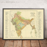 Grande mappa ferroviaria d'epoca dell'India di Judd, 1890: Mumbai, Delhi, Kolkata, fiume Gange, Himalaya 