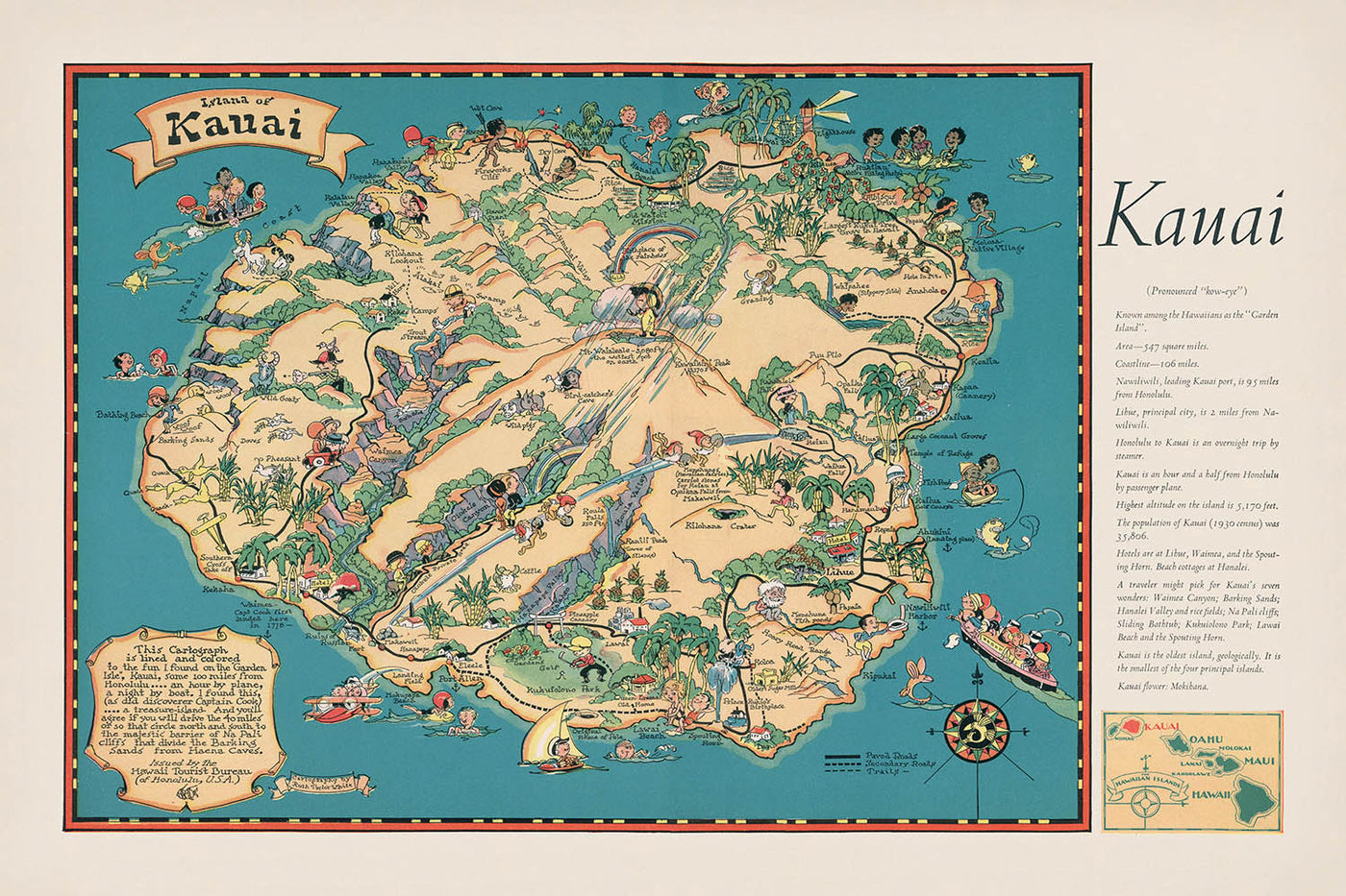 Old Pictorial Map of Kauai, 1935: Waimea Canyon, Na Pali Coast, Hanalei Bay, Mount Waialeale, Wailua River