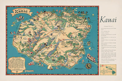 Old Pictorial Map of Kauai, 1935: Waimea Canyon, Na Pali Coast, Hanalei Bay, Mount Waialeale, Wailua River