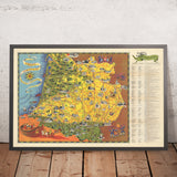 Mappa Pittorica del Sud-Ovest della Francia di Flornoy Jean, 1950: Tolosa, Bordeaux, Pirenei, Fiume Garonna, Cammino di Santiago 