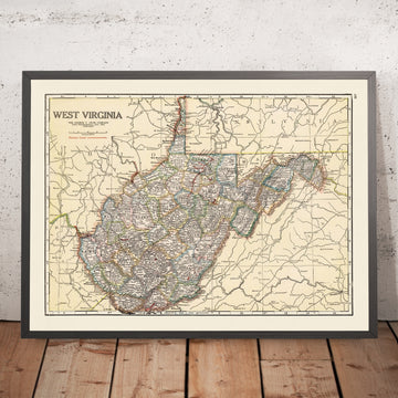 Antica mappa del West Virginia, 1920: Charleston, Huntington, fiume Ohio, strade statali, linee elettriche 