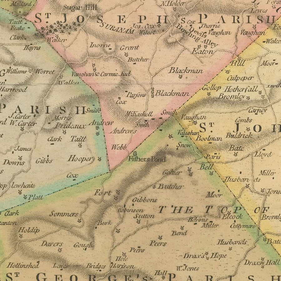 Mappa antica di Barbados di Mayo, 1810: Bridgetown, Speightstown, Parrocchie, Forti, Rosa dei Venti 