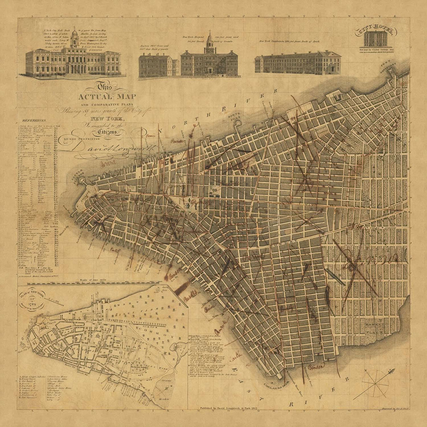 Mapa antiguo de Nueva York de Longworth, 1817: Ayuntamiento, Broadway, Wall Street, plano de Lyne, City Hotel