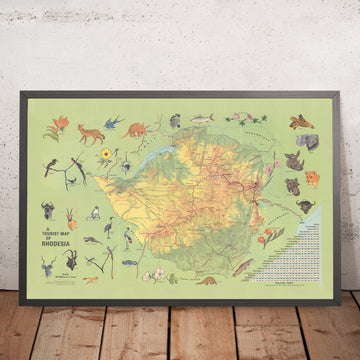 Old Tourist Map of Rhodesia, 1970: Victoria Falls, Lake Kariba, Hwange NP, Eastern Highlands, Great Zimbabwe