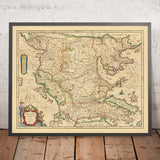 Mapa antiguo de Grecia, Albania y Macedonia de Blaeu, 1659: Tesalónica, Epiro, montes Pindo, Monte Olimpo, mar Jónico y mar Egeo 