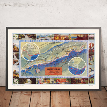 Ancienne carte picturale du parc national de Shenandoah, Virginie, 1947 : Skyline Drive, Old Rag, Hawksbill, Big Meadows, Skyland 