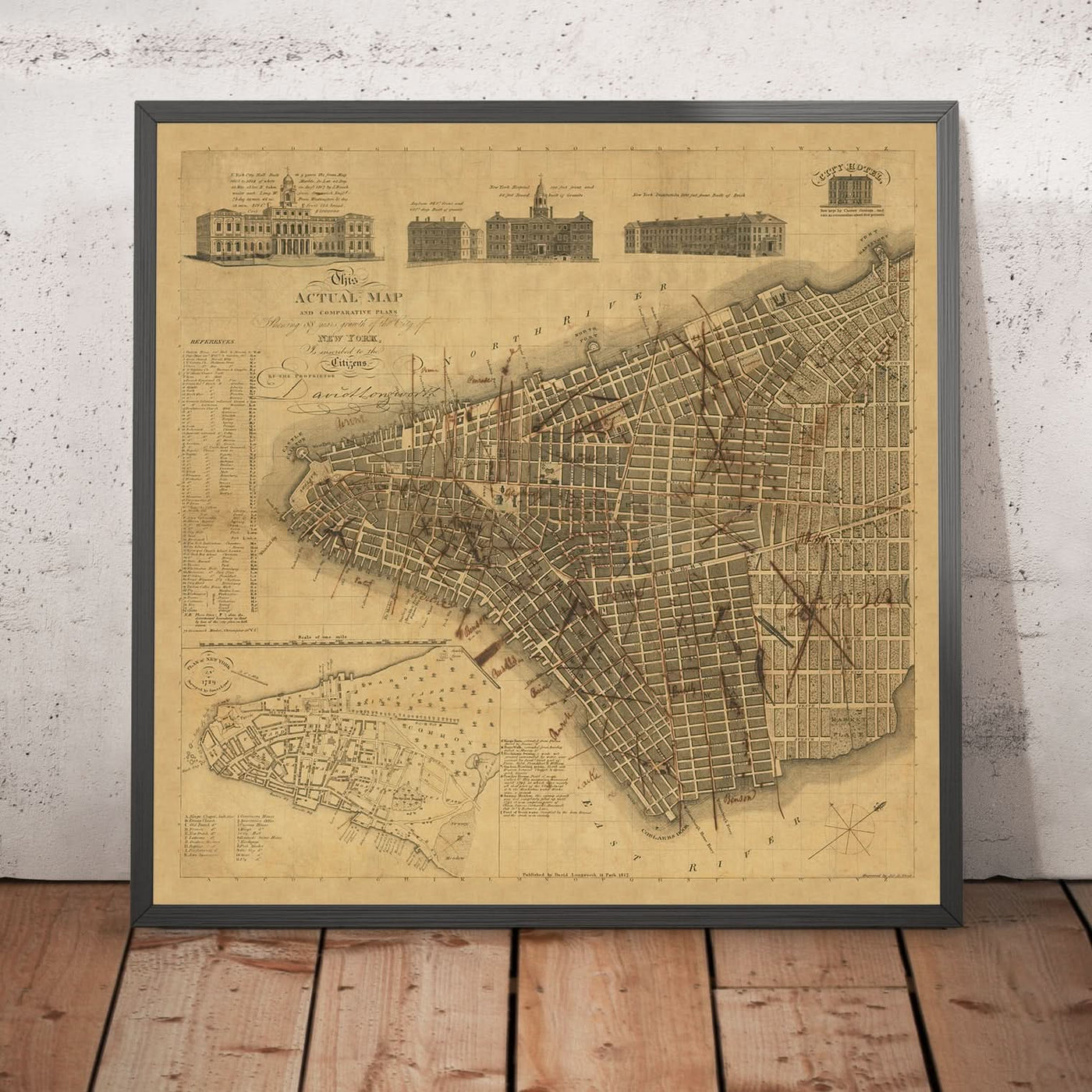 Mapa antiguo de Nueva York de Longworth, 1817: Ayuntamiento, Broadway, Wall Street, plano de Lyne, City Hotel